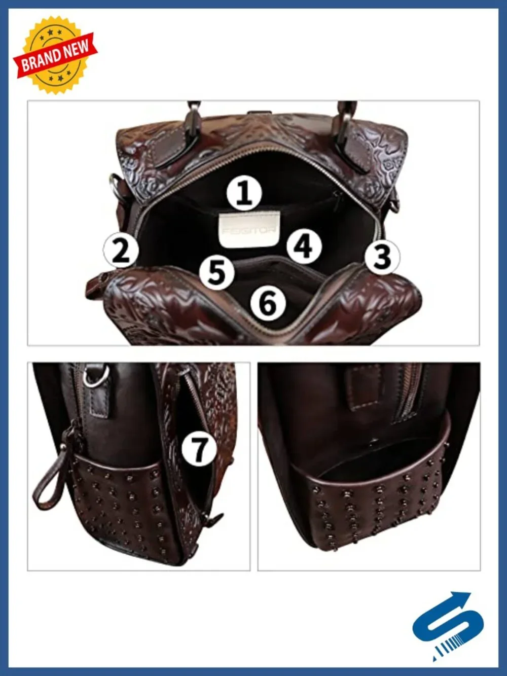 Genuine Leather Embossed Backpack Convertible Shoulder Bag Satchel Purse